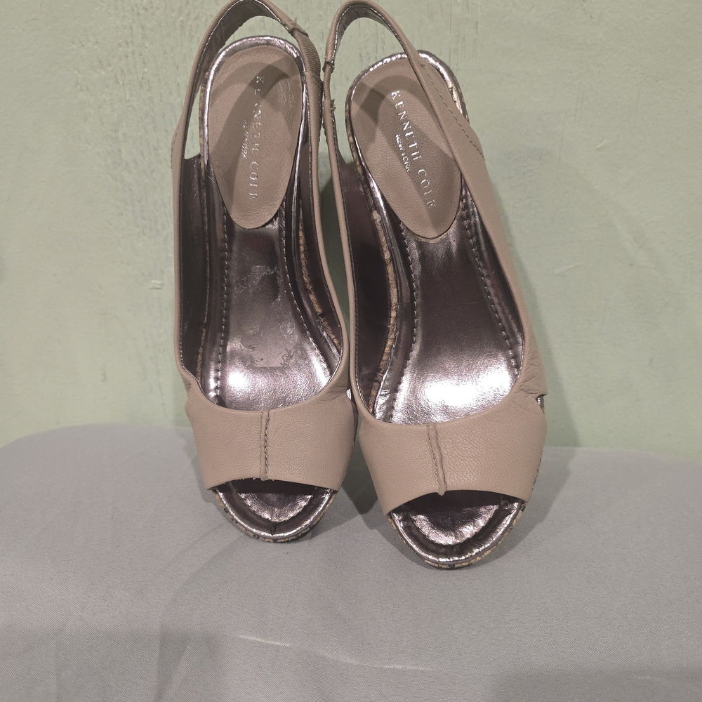 Kenneth Cole Beige Peep-Toe Wedges